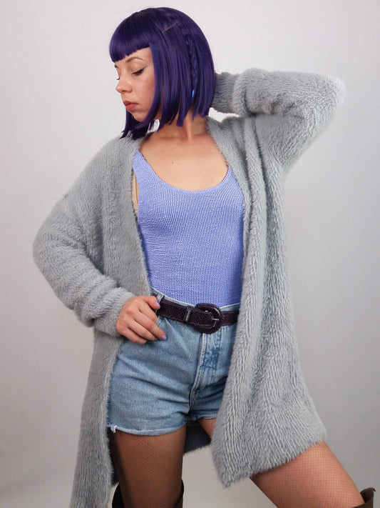 90's Chelsea and Theodore Fluffy Knit Soft Cardigan in Grey