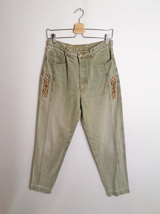 Vintage 80's COTTON LINE High Waist Mom Jeans Embroidery - size S-M ( 30" waist)