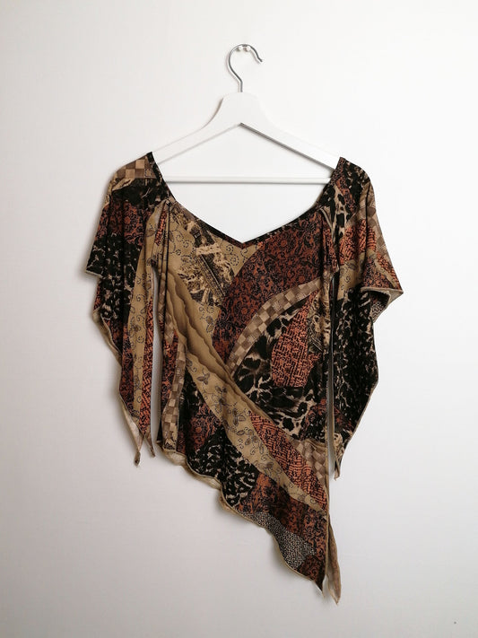 Y2K Asymmetric Stretch Blouse Patchwork Print - size M-L