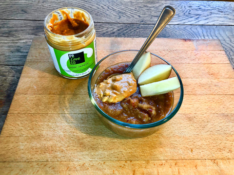 Homemade applesauce paired with Classic Crunchy peanut butter from PB Love. A healthy and delicious Colorado snack. 