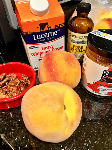 peaches-n-cream ingredients for recipe. made with cinnamon almond butter from the pb love company