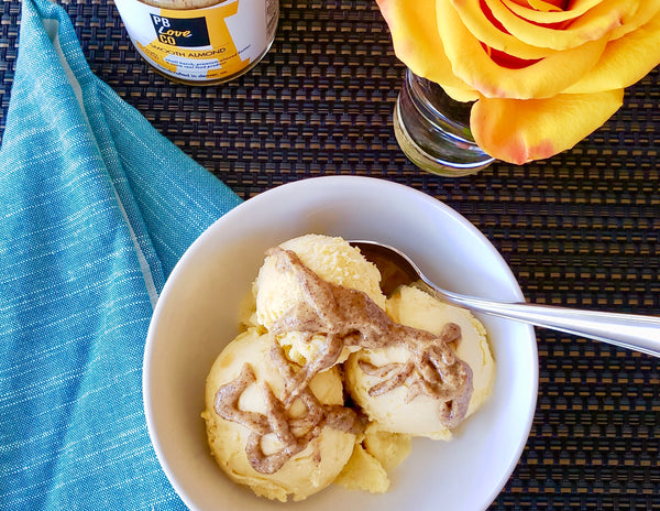 Homemade peach ice cream with Colorado peaches and Smooth Almond butter from PB Love Co.