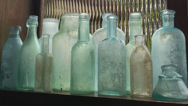 vintage bottles sea foam blue and green