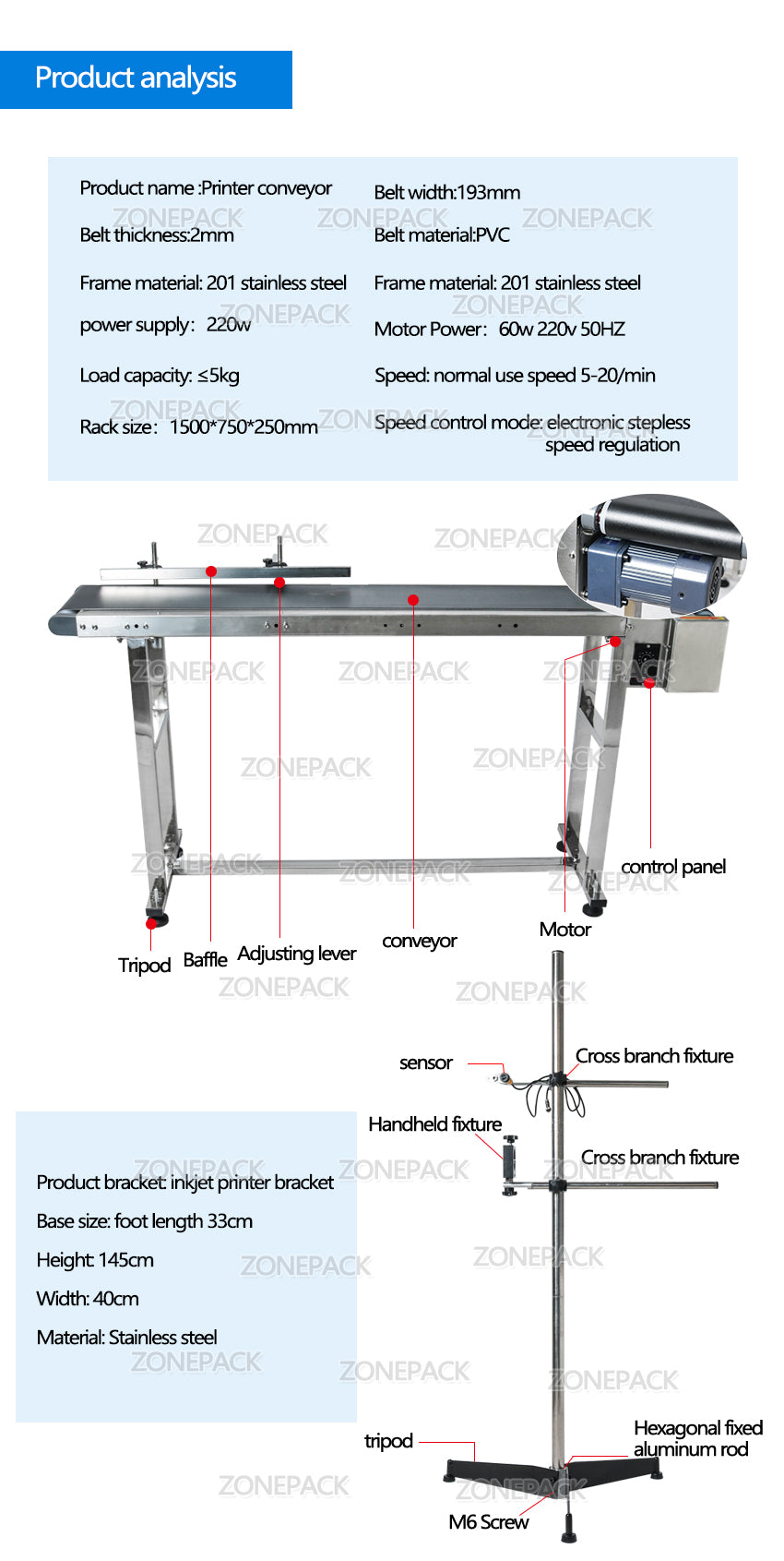 ZONEPACK Inkjet Printer Conveyer Conveying Table Band Carrier Sorting Workbench PVC Belt Conveyor Bottle Box Bag Sticker Conveyor