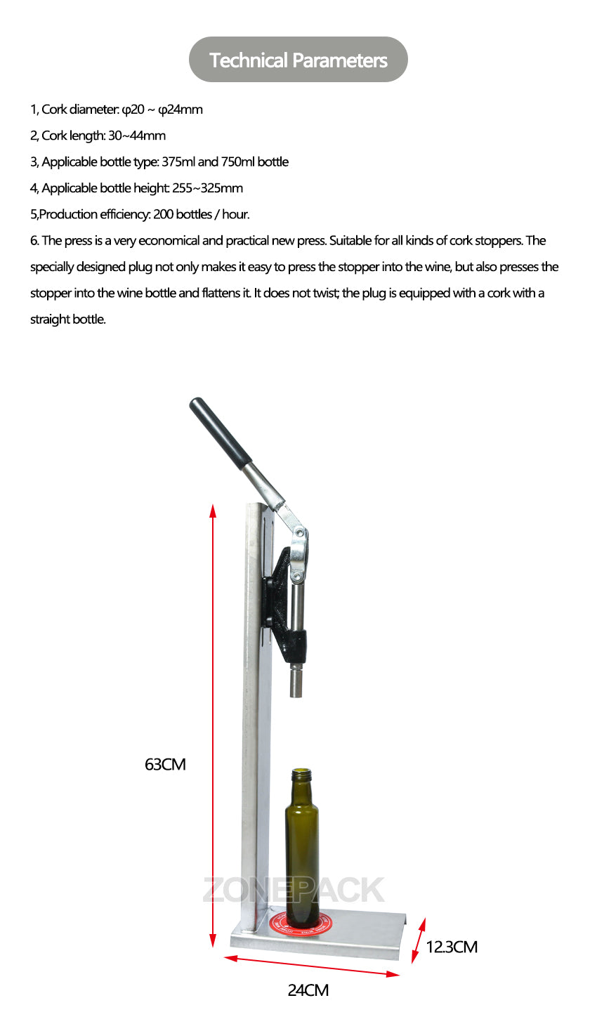 ZONEPACK Manual Stainless Steel Corkers Wine Corking Machine Capping Tool Brewed Wine Bottle Cork Press Inserting Machine