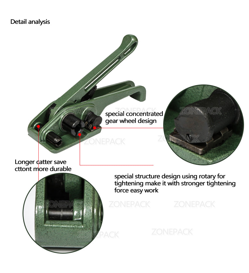 ZONEPACK Green Heavy Duty Tensioner Cutter, Cord Strapping Machine, Packing Tools for PET and PP, Strap Size: 3/8"- 3/4" Max Tension 2000N