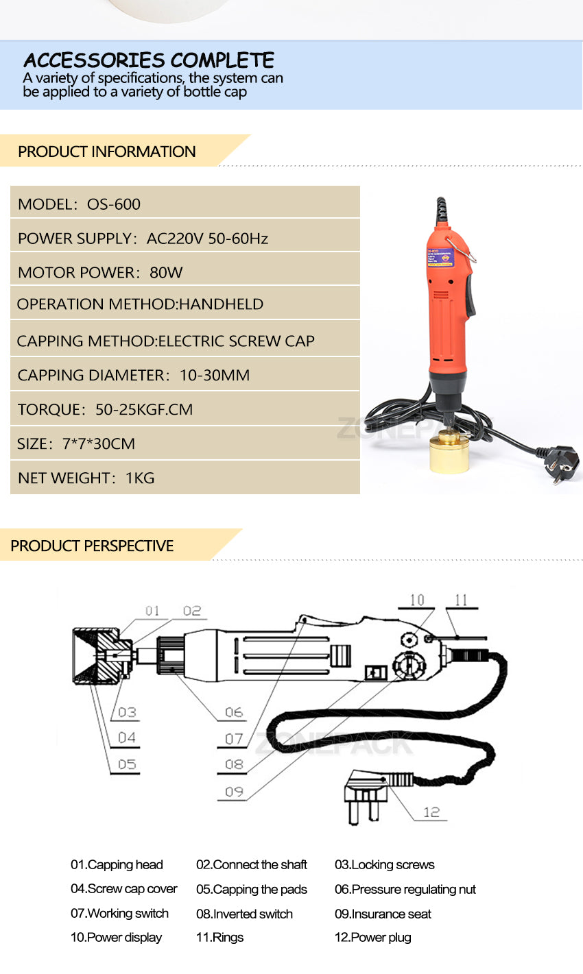 ZONEPACK 80W 28-32mm Plastic Bottle Capper Portable Capping Machine