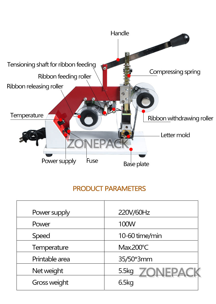 ZONEPACK ZY-RM5-E Color Ribbon Hot Printing Machine Heat Ribbon Printer PT,PE,KT,OPP,COP Aluminum Foil Bag Company Logo Printer