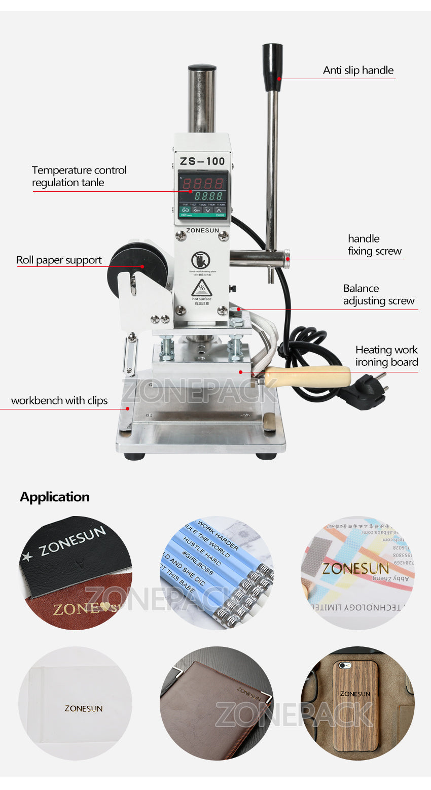 ZONEPACK ZS-100A Custom Logo Hot Foil Pencil Stamping Machine Manual Bronzing Machine For PVC Card Leather Paper Pencil Stamping Machine