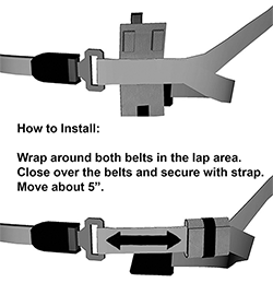 Install by wraping around both shoulder belt and lap belt and move it across so the shoulder belt is realigned more center in your chest area.