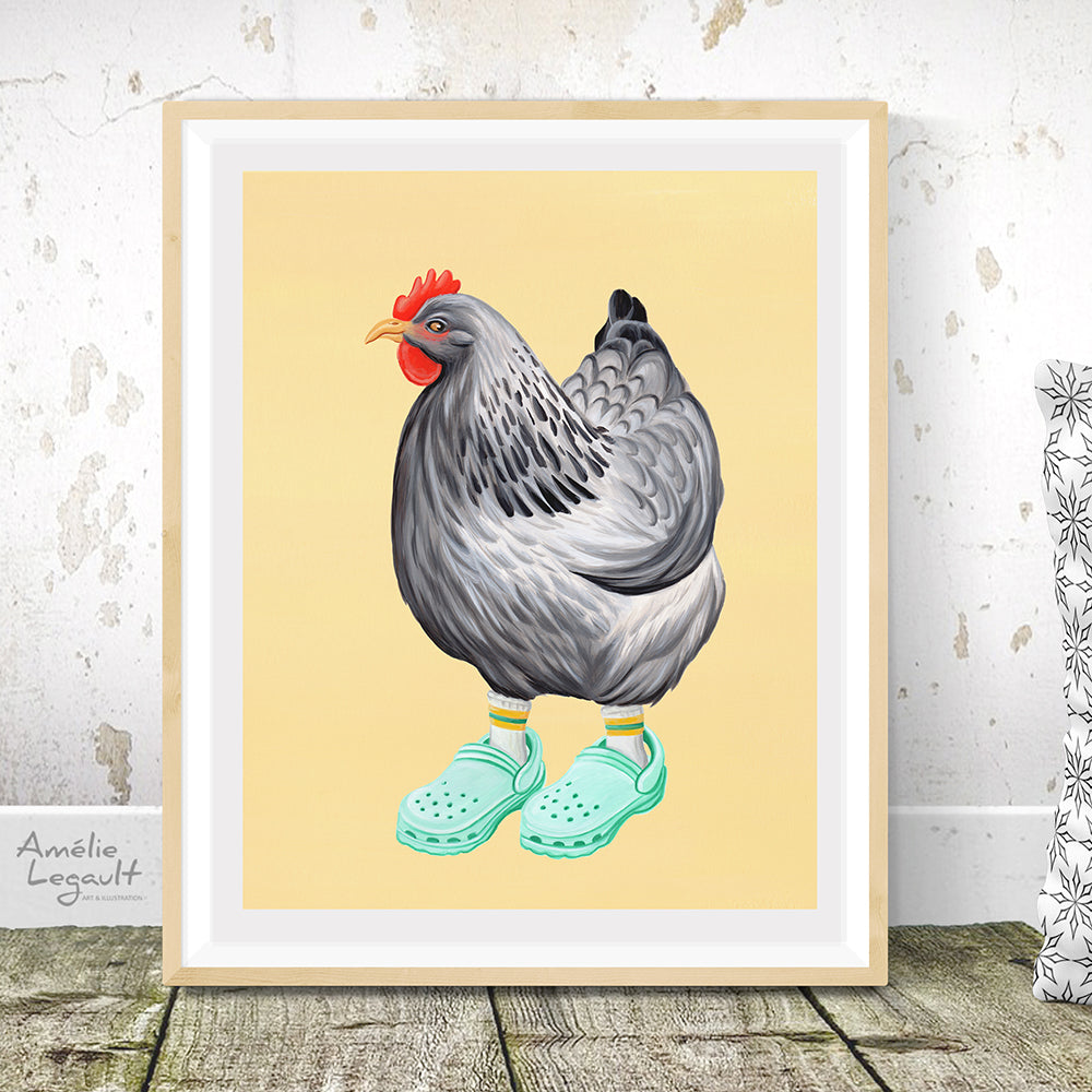 Chicken wearing Crocs shoes print 