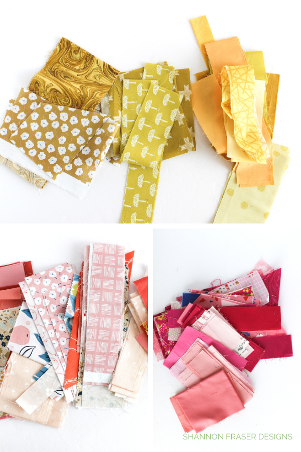 Colourful fabric scraps in yellow coral and pink | Shannon Fraser Designs