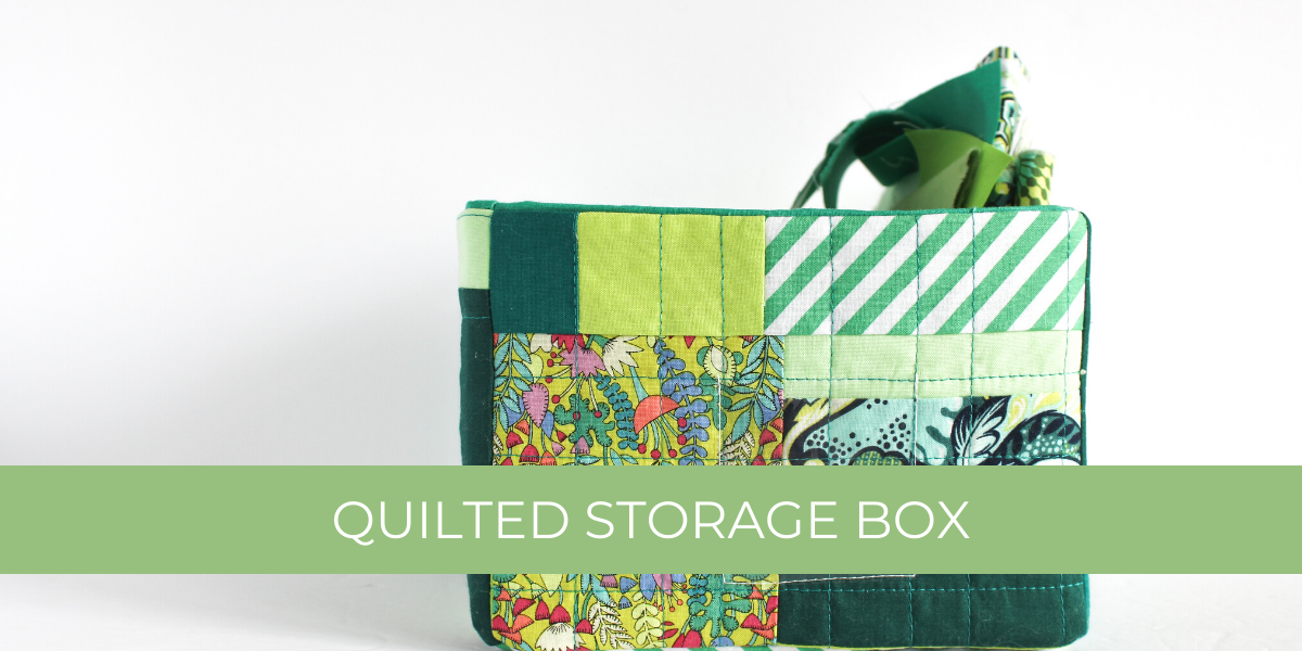 green improv quilted storage box with fabric scraps