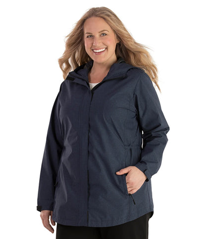 Top half of plus size woman wearing navy JunoActive waterproof breathable wind and rain jacket.