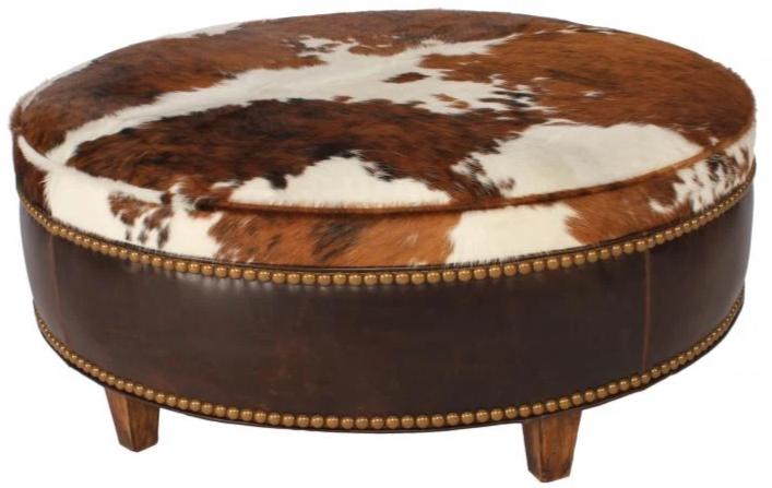 Ranch Collection Round Cowhide Ottoman Lorec Ranch Home Furnishings