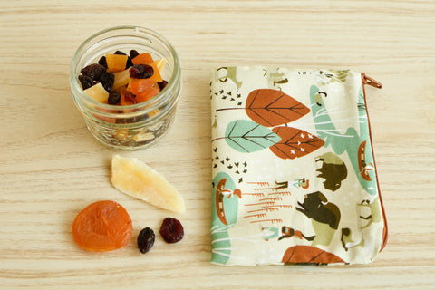 dried fruit in a jar and a reusable snack bag