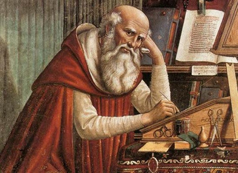 St. Augustine, first memoirist, writing his memoir, head on hand