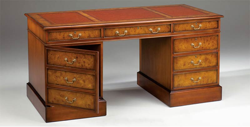 5 3 X 2 9 Burl Walnut Double Pedestal Desk With Cupboard Lhs