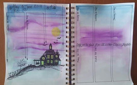 watercolour illustration of haunted house in bullet journal by Rachel Bitton