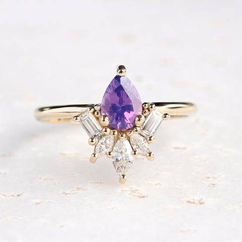 PURPLE PEAR SAPPHIRE & DIAMONDS ENGAGEMENT RING, GATSBY - 14K YELLOW GOLD RING, SIZE 6.5 ,READY TO SHIP