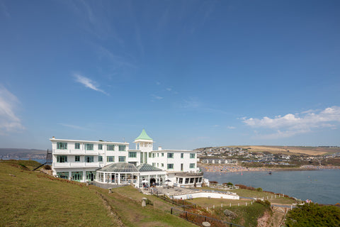 View of the hotel and Bigbury beach from the top of Burgh Island
