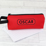 Red Personalised fabric pencil case with black lettering, zip and handle for back to school