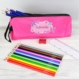 Personalised Pink Butterfly Fabric Pencil Case with Personalised Pencils, Colouring Pencils, Ruler and Sharpener. Perfect for back to school