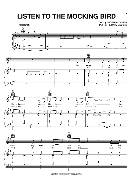 Listen To The Mocking Bird Sheet Music By Alice Hawthorne For Pianovocalchords Sheet Music Now 