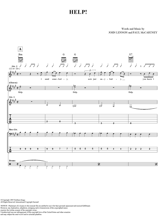 Help!" Sheet Music by The Beatles for Guitar Tab/Vocal/Chords - Sheet