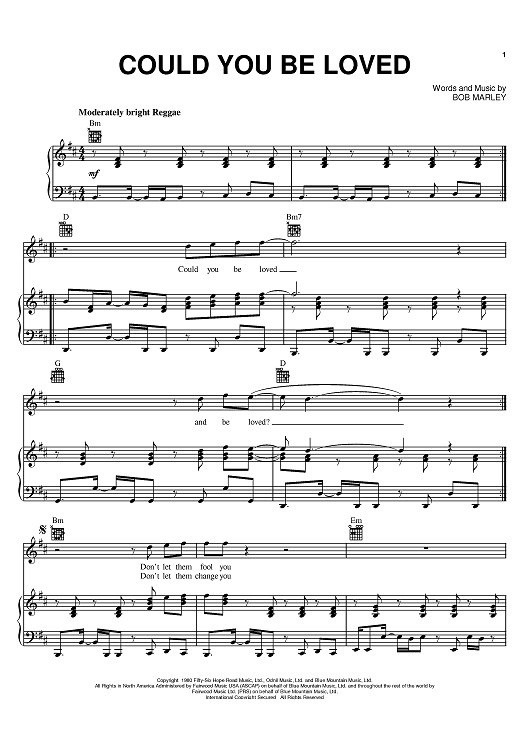 Could You Be Loved Sheet Music By Bob Marley For Pianovocalchords Sheet Music Now 