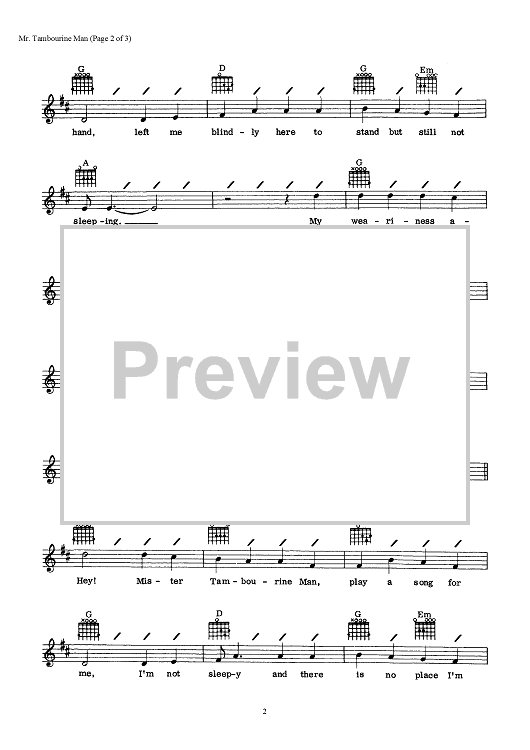 Buy Mr Tambourine Man Sheet Music By Bob Dylan For Lead Sheet