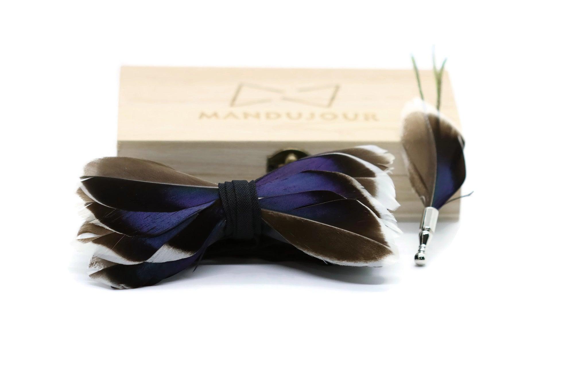 Mallard Duck Feather Bow Tie  with Lapel Pin Set Mandujour Handmade gift Set