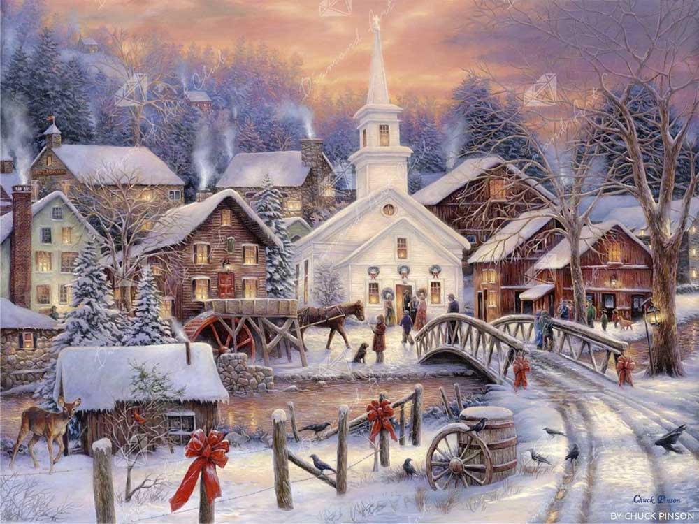 Night Sky Painting Christmas Painting White Church Painting Snow Landscape  Winter Print Snow Scene Star Print Matted Print 