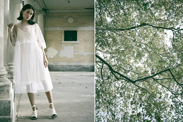 diptych of model and tree canopy.