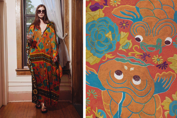 diptych of model in maxi dress with detail featured.