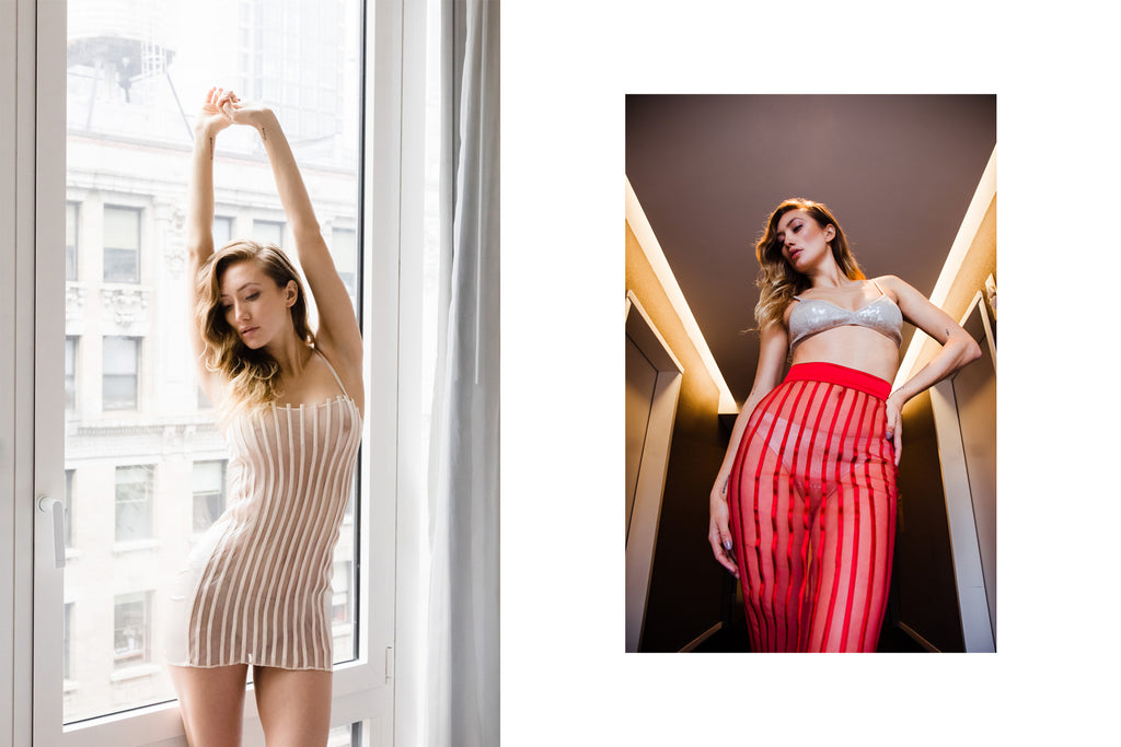 diptych of model stretching in front of city window and posing in hallway.