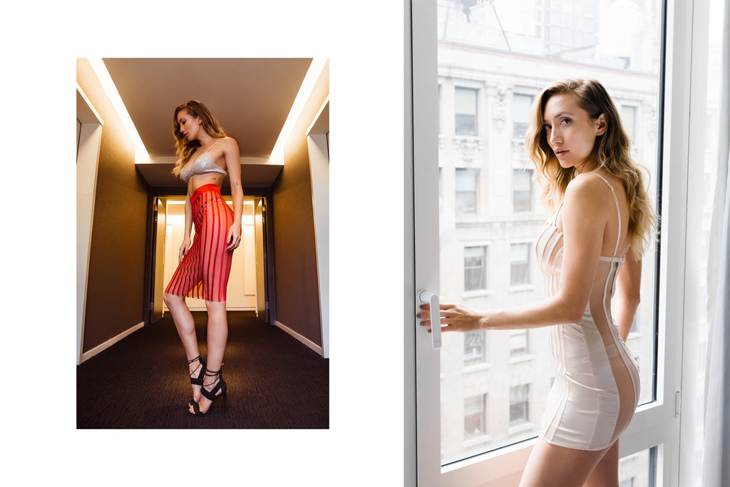 diptych of model posing in front of city window and posing in hallway.