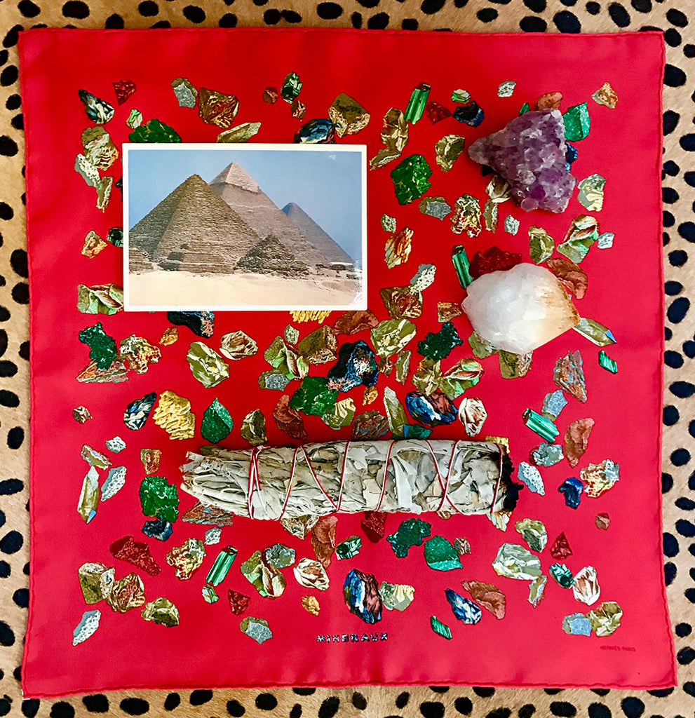 collage of gems, sage and pyramids.