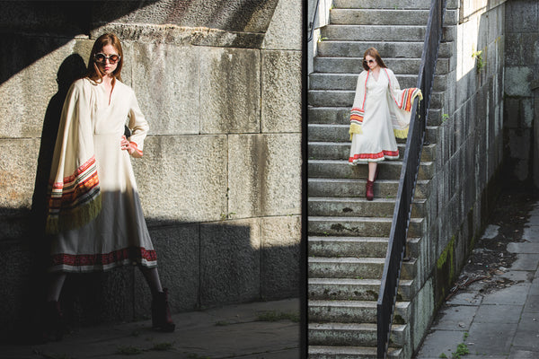 diptych of model posing and descending stairs in folk inspired dress.