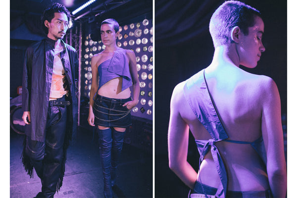 diptych of models on stage in conceptual rock and roll looks.