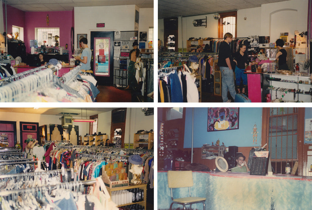 interior of original location, pink wall, woman behind counter, and male shopper near front door