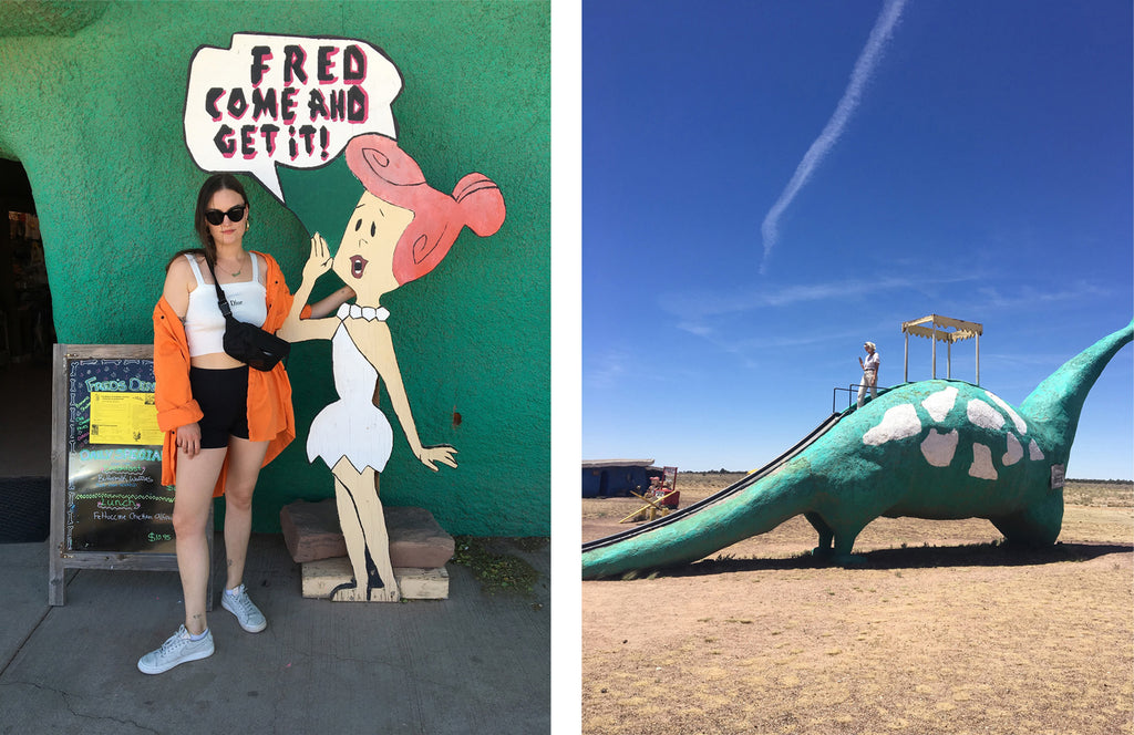 left to right: person standing next to wilma (flinstones) image, and a person on top of dinosaur sculpture.