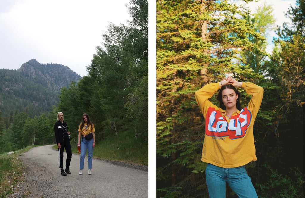 left to right: two people standing at dirt road, and a person posing with a yellow sweatshirt.