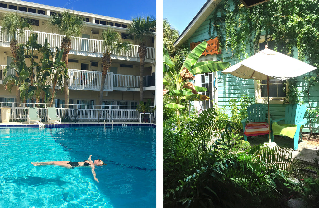 left to right: person swimming at pool, and a two chairs at a cozy little porch. 