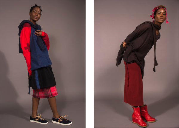 diptych of full conceptual looks on twin models.