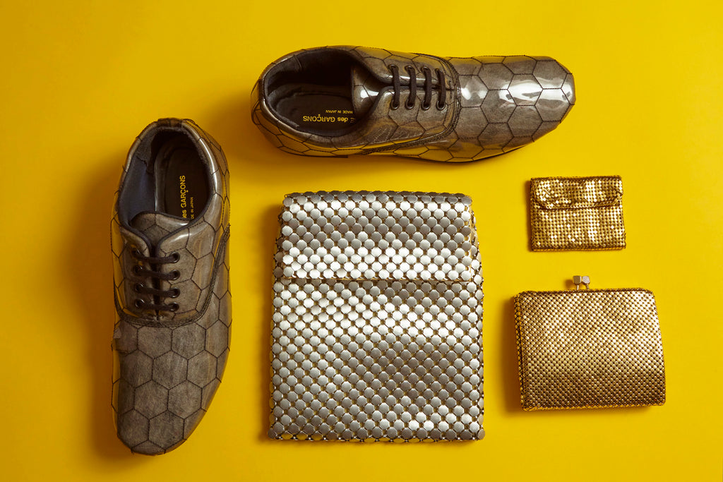 honey comb shoes and bag still life.