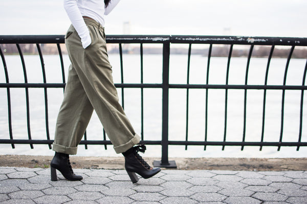 detail shot of telsha in khaki pants and boots from beacons closet 