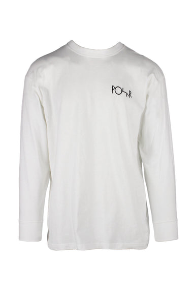 polar white long sleeve cotton t-shirt. features black branding text at left chest, multicolor 'midnight snake' graphic by andrew mazorol at back, and rib knit crew collar & cuffs. 
