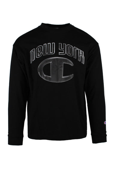 champion black long sleeve t-shirt. features new york text print at the chest. tag attached.