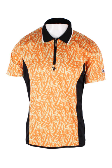 rajan orange short-sleeved top. features sporty orange cream and black pattern motif, polo style collar with white stripe around trim, zip closure at neckline with silver-tone hardware, translucent gel zipper-pull, black gussets and branding on centre front of yoke and left sleeve. 